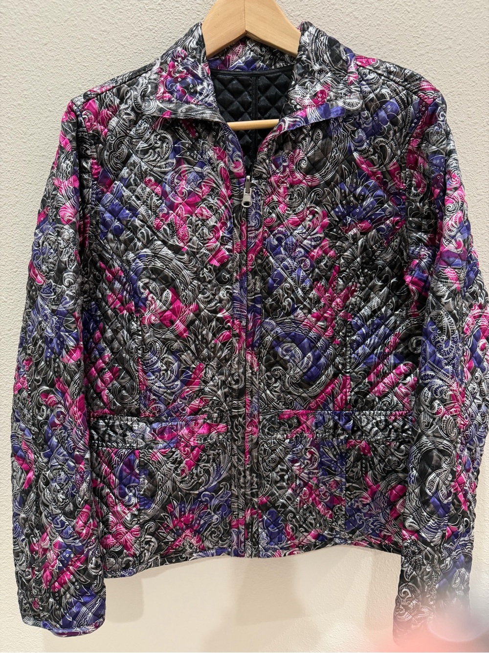 Chico's Paisley Quilted Zip-Front Reversible Jacket in Black, Pink & Purple